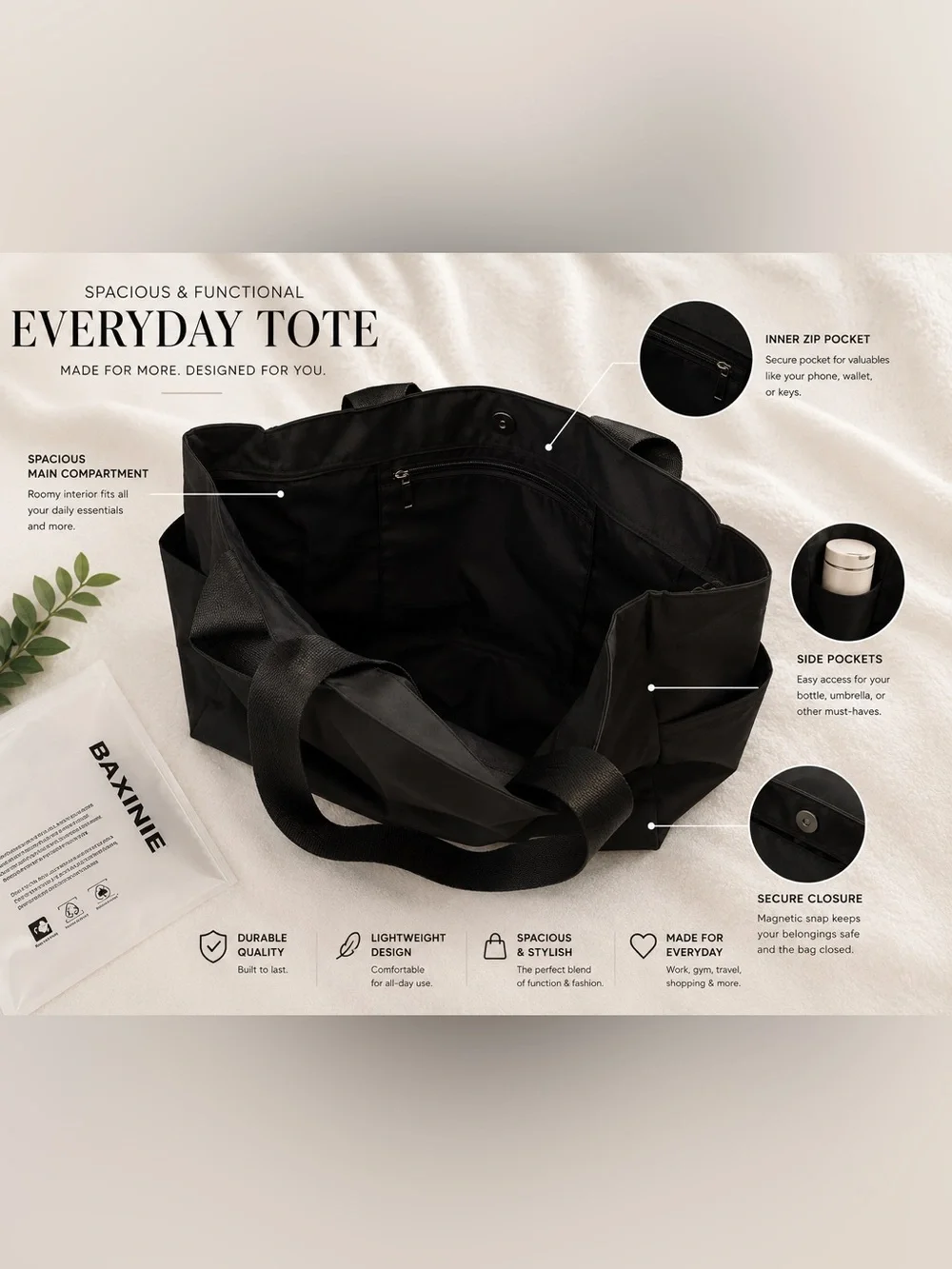 Classic Black Everyday Tote Bag